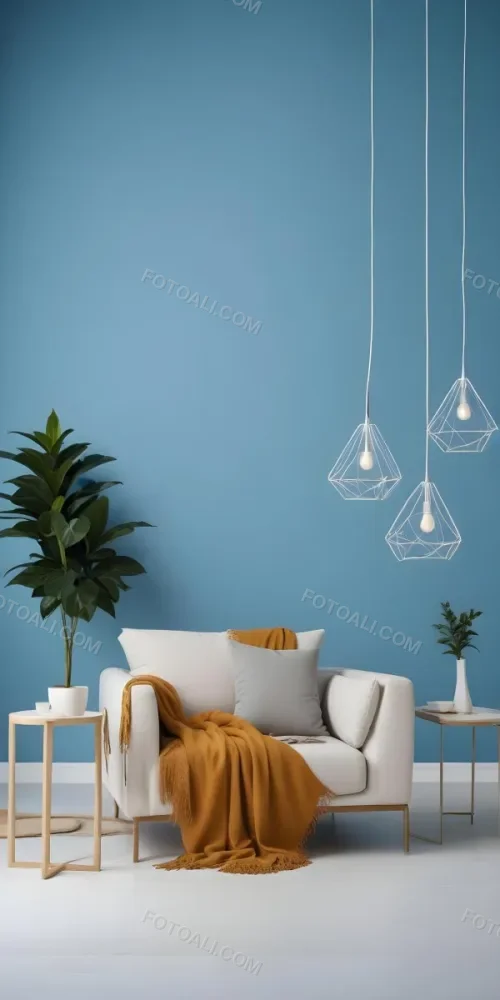A Modern Living Room With A White Sofa A Potted Plant And Geometric Pendant Lights Hanging From The Ceiling Against A Blue Wall 13 255d