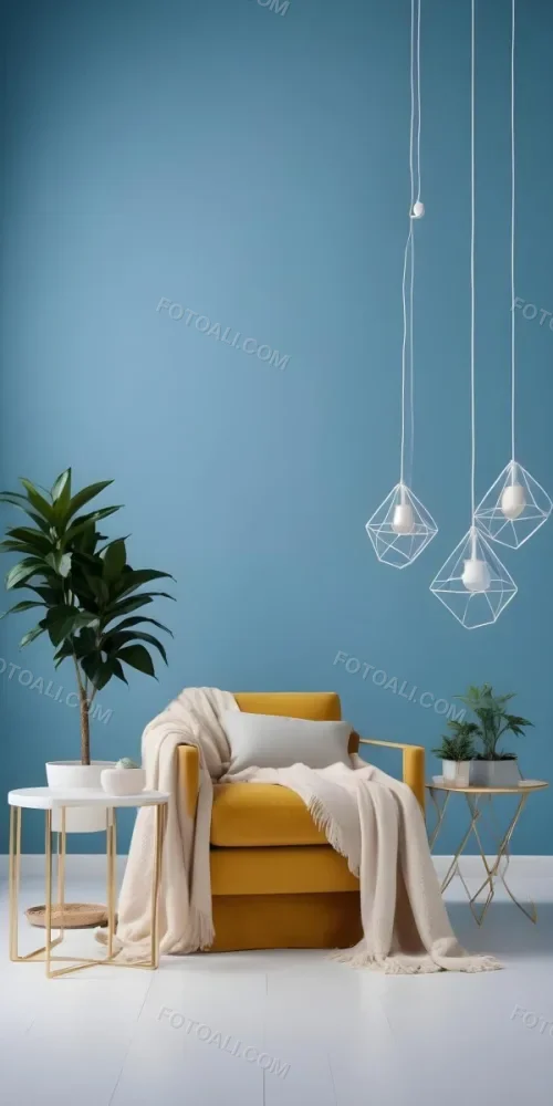 A Modern Living Room With A White Sofa A Potted Plant And Geometric Pendant Lights Hanging From The Ceiling Against A Blue Wall 17 E833