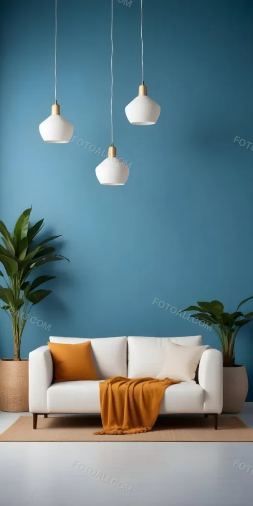 A Modern Living Room With A White Sofa A Potted Plant And Geometric Pendant Lights Hanging From The Ceiling Against A Blue Wall 18 85d1