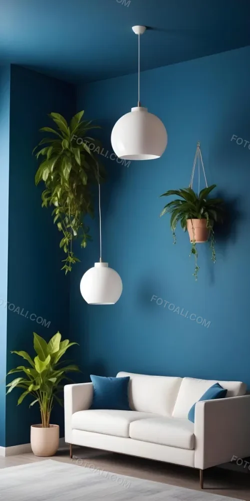 A Modern Living Room With A White Sofa A Potted Plant And Geometric Pendant Lights Hanging From The Ceiling Against A Blue Wall 21 A60a