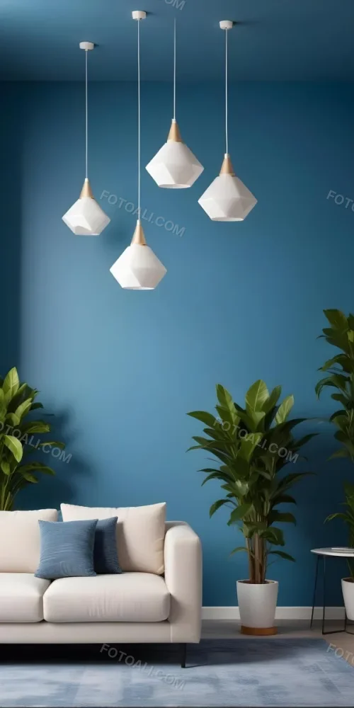 A Modern Living Room With A White Sofa A Potted Plant And Geometric Pendant Lights Hanging From The Ceiling Against A Blue Wall 24 Be41