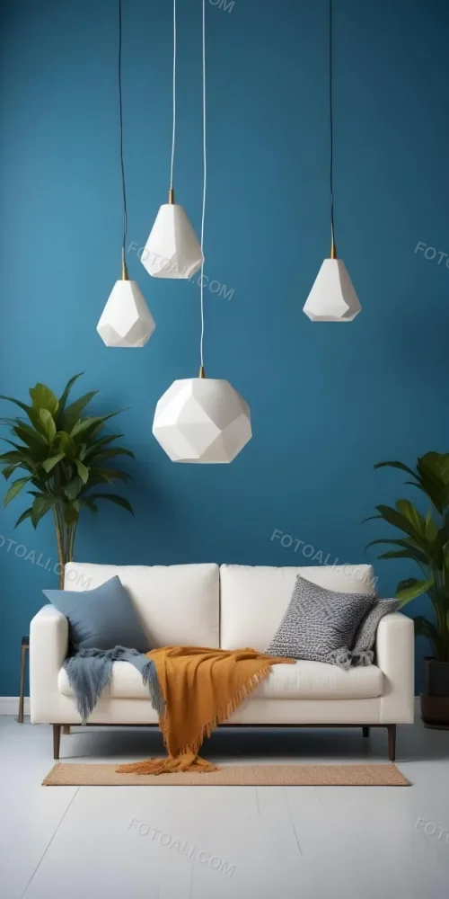 A Modern Living Room With A White Sofa A Potted Plant And Geometric Pendant Lights Hanging From The Ceiling Against A Blue Wall 27 18f0