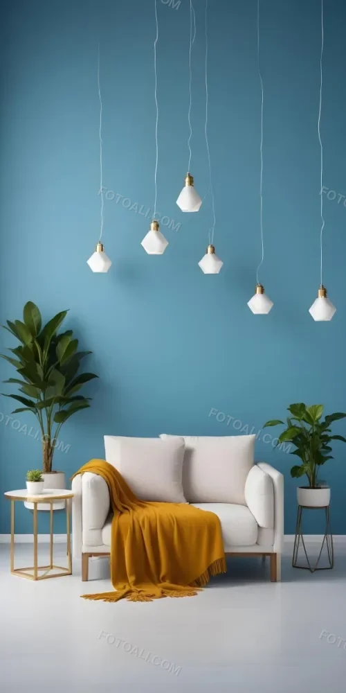 A Modern Living Room With A White Sofa A Potted Plant And Geometric Pendant Lights Hanging From The Ceiling Against A Blue Wall 29 0e4b