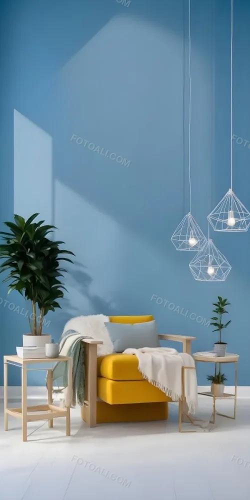 A Modern Living Room With A White Sofa A Potted Plant And Geometric Pendant Lights Hanging From The Ceiling Against A Blue Wall 35 3da7