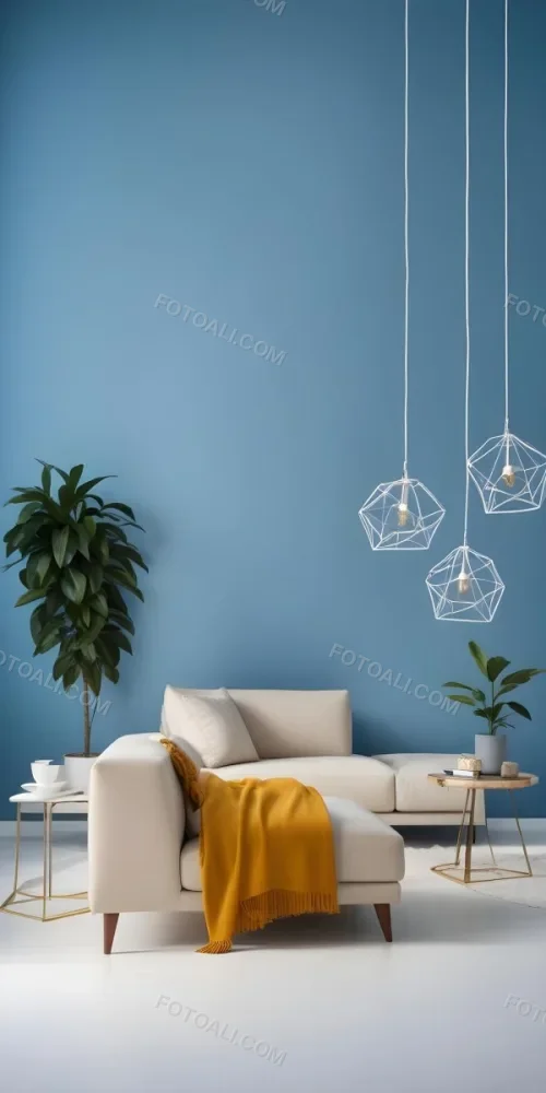 A Modern Living Room With A White Sofa A Potted Plant And Geometric Pendant Lights Hanging From The Ceiling Against A Blue Wall 37 07b2