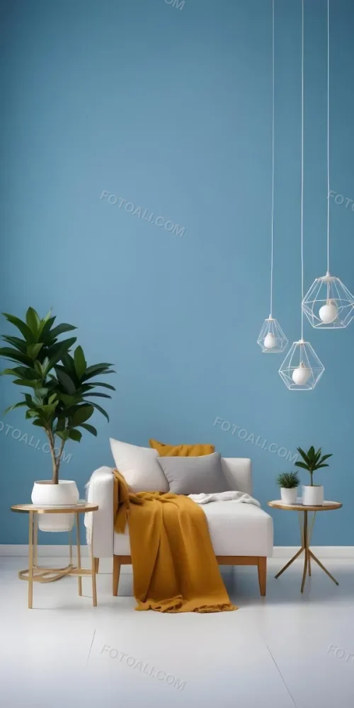 A Modern Living Room With A White Sofa A Potted Plant And Geometric Pendant Lights Hanging From The Ceiling Against A Blue Wall 4 6aa7