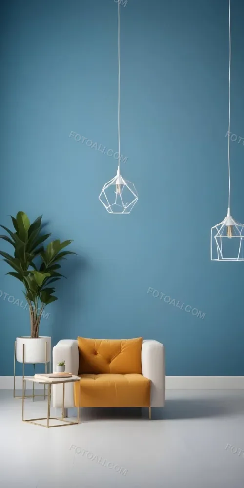 A Modern Living Room With A White Sofa A Potted Plant And Geometric Pendant Lights Hanging From The Ceiling Against A Blue Wall 8 Fca8