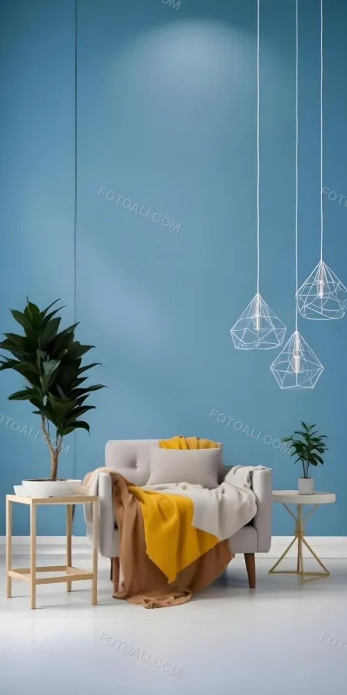 A Modern Living Room With A White Sofa A Potted Plant And Geometric Pendant Lights Hanging From The Ceiling Against A Blue Wall 9 4293