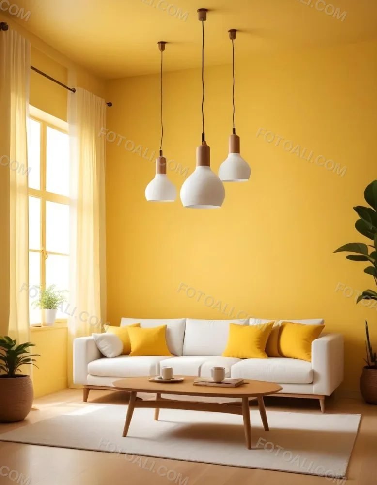 A Modern Living Room With A White Sofa Wooden Coffee Table And Several Hanging Pendant Lights In A Bright Yellow Room 11 9701
