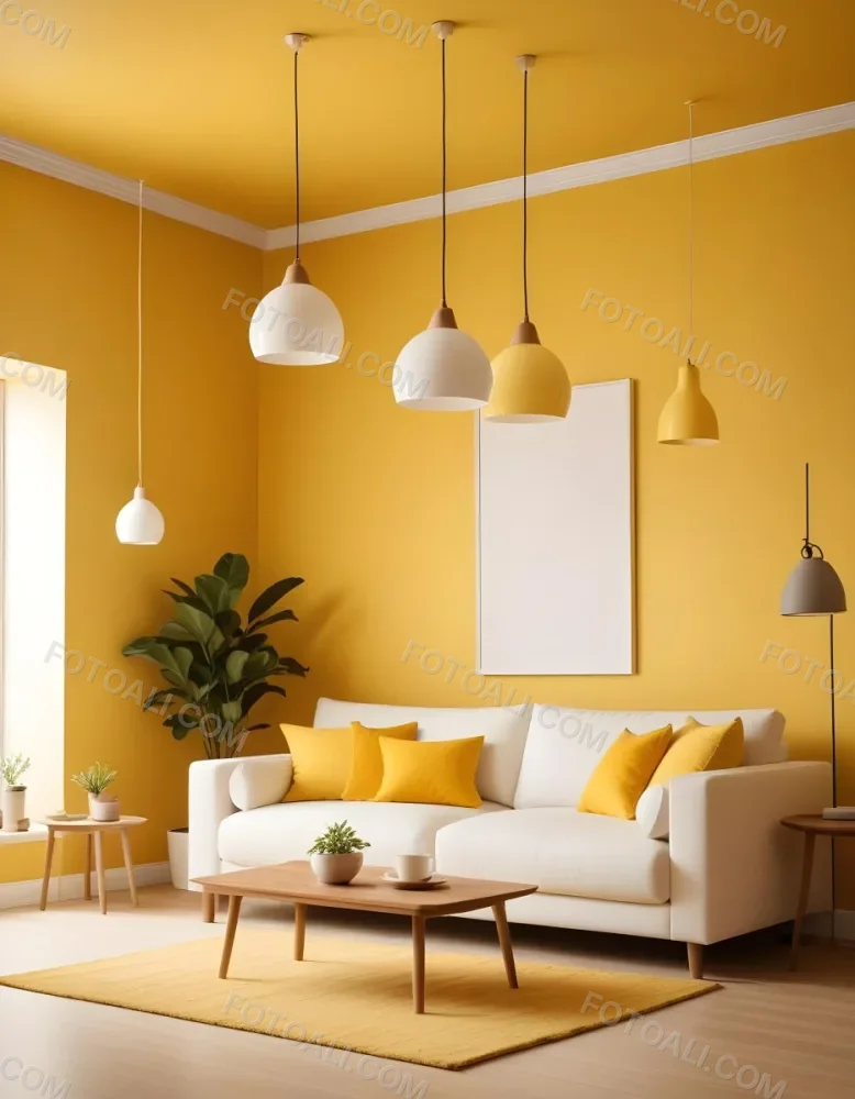 A Modern Living Room With A White Sofa Wooden Coffee Table And Several Hanging Pendant Lights In A Bright Yellow Room 23 4d29
