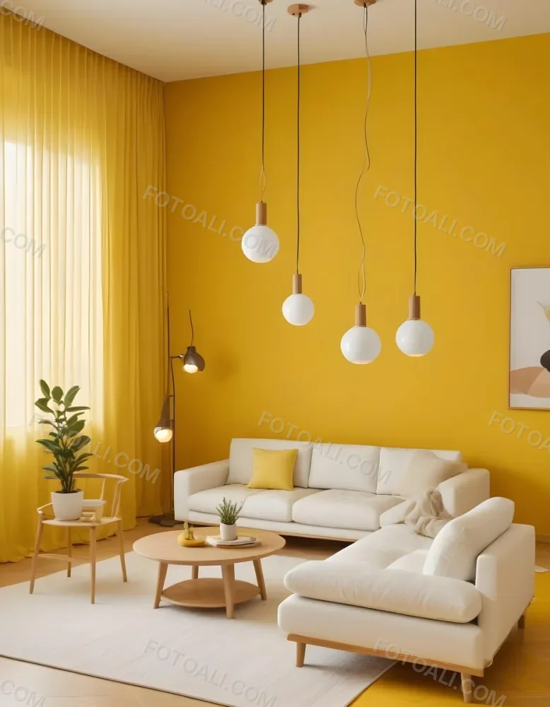 A Modern Living Room With A White Sofa Wooden Coffee Table And Several Hanging Pendant Lights In A Bright Yellow Room 24 Ea5b
