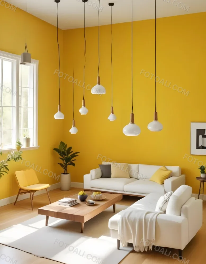 A Modern Living Room With A White Sofa Wooden Coffee Table And Several Hanging Pendant Lights In A Bright Yellow Room 28 3096
