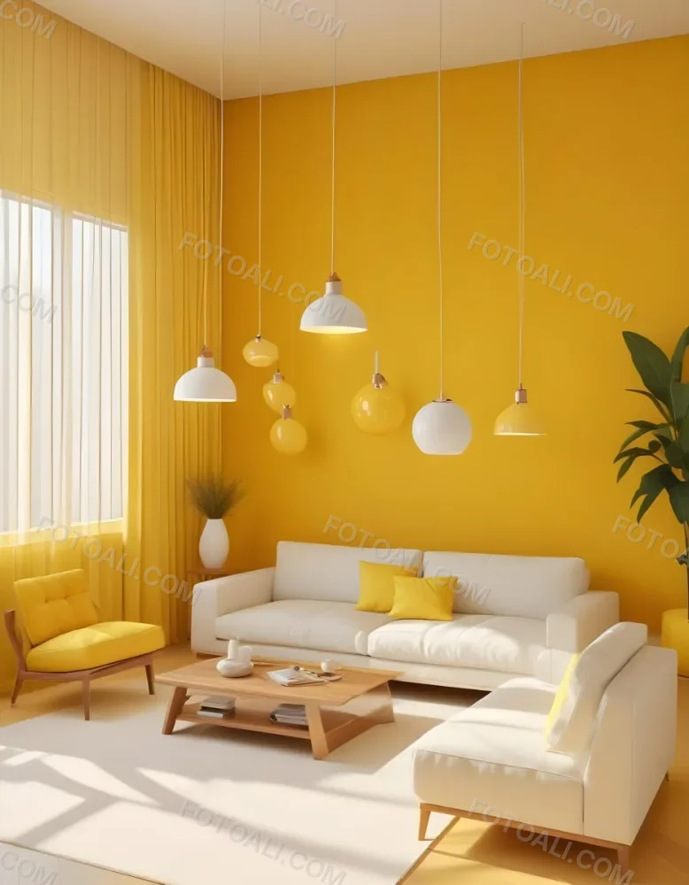 A Modern Living Room With A White Sofa Wooden Coffee Table And Several Hanging Pendant Lights In A Bright Yellow Room 3 07f1