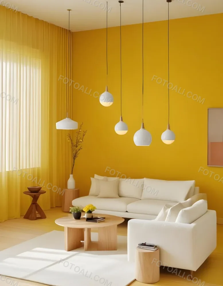 A Modern Living Room With A White Sofa Wooden Coffee Table And Several Hanging Pendant Lights In A Bright Yellow Room 31 0aef