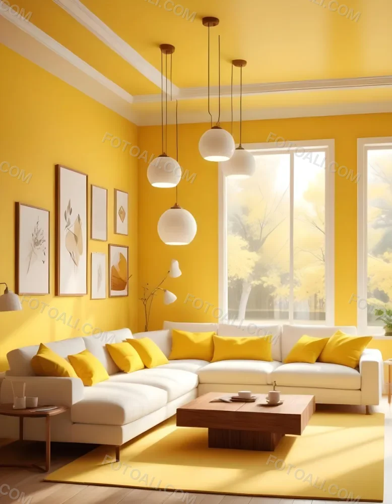 A Modern Living Room With A White Sofa Wooden Coffee Table And Several Hanging Pendant Lights In A Bright Yellow Room 4 D3cc