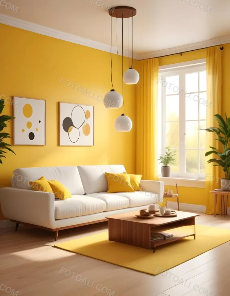 A Modern Living Room With A White Sofa Wooden Coffee Table And Several Hanging Pendant Lights In A Bright Yellow Room 7 D4de