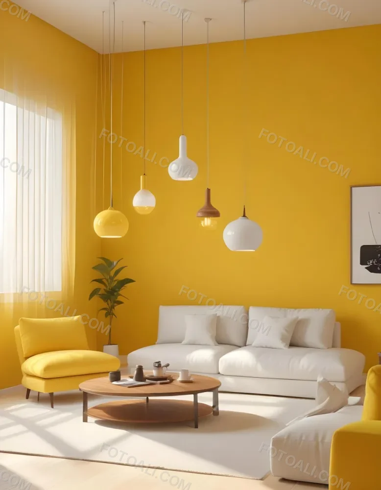 A Modern Living Room With A White Sofa Wooden Coffee Table And Several Hanging Pendant Lights In A Bright Yellow Room 8 F5a0