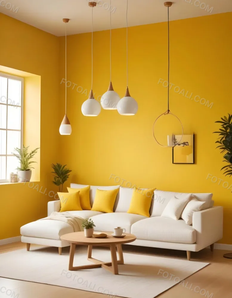 A Modern Living Room With A White Sofa Wooden Coffee Table And Several Hanging Pendant Lights In A Bright Yellow Room 9 0480