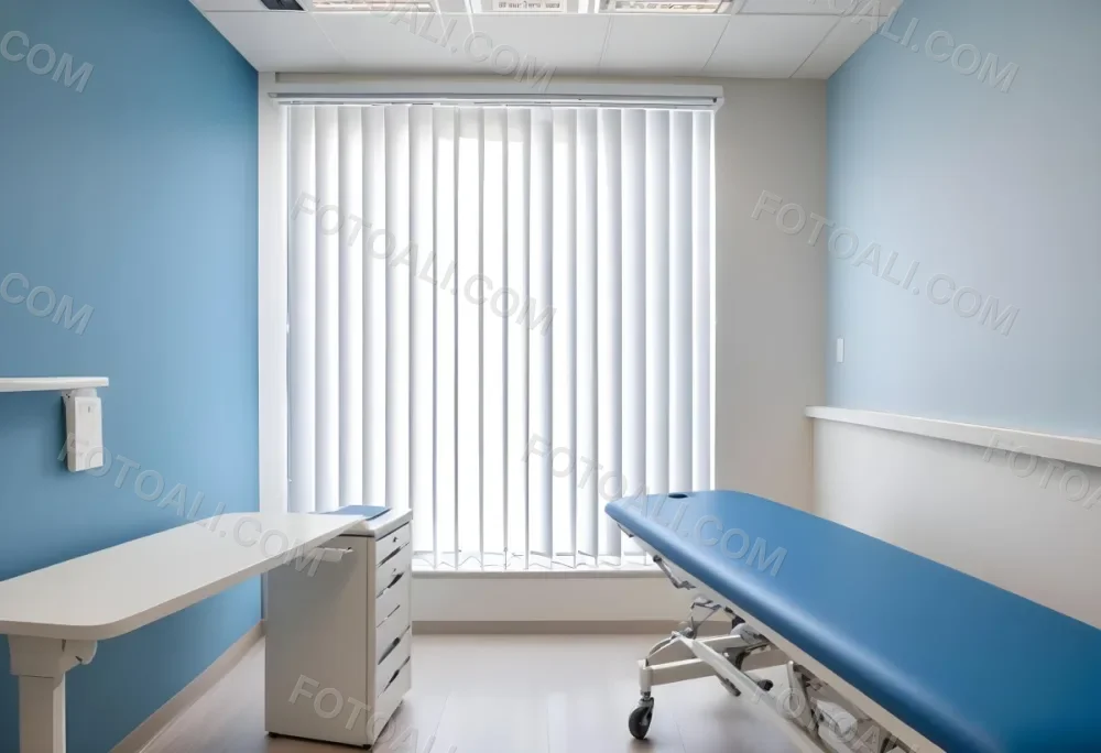 A Modern Medical Examination Room With A White Desk A Blue Examination Table And Vertical Blinds Covering A Window 1 453b