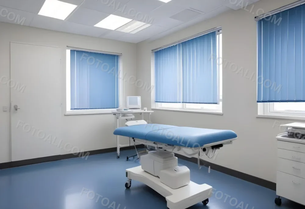 A Modern Medical Examination Room With A White Desk A Blue Examination Table And Vertical Blinds Covering A Window 10 091c