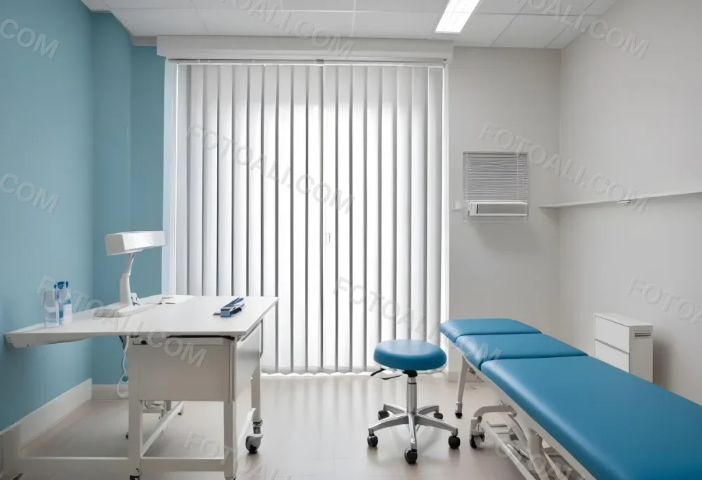 A Modern Medical Examination Room With A White Desk A Blue Examination Table And Vertical Blinds Covering A Window 12 Cc5d