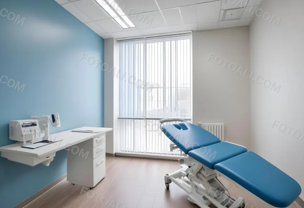 A Modern Medical Examination Room With A White Desk A Blue Examination Table And Vertical Blinds Covering A Window 13 E351