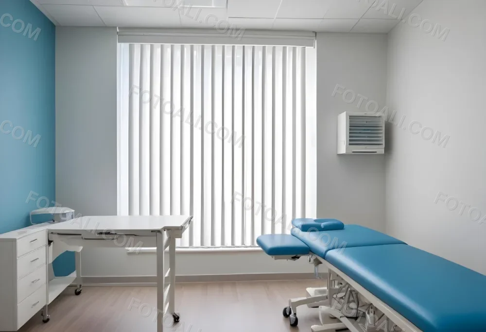 A Modern Medical Examination Room With A White Desk A Blue Examination Table And Vertical Blinds Covering A Window 4 3b69