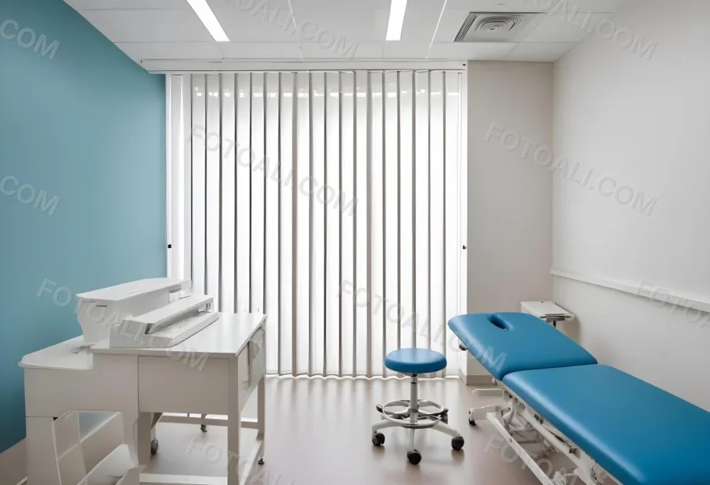 A Modern Medical Examination Room With A White Desk A Blue Examination Table And Vertical Blinds Covering A Window 5 D8ff