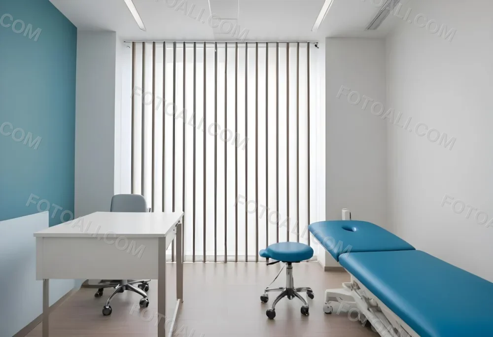 A Modern Medical Examination Room With A White Desk A Blue Examination Table And Vertical Blinds Covering A Window 8 045f