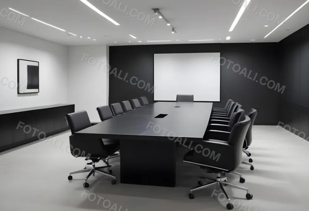 A Modern Minimalist Conference Room With A Large Rectangular Table Surrounded By Black Leather Chairs The Room Has A Sleek Monochrome Design With Recessed Lighting 11 92bb
