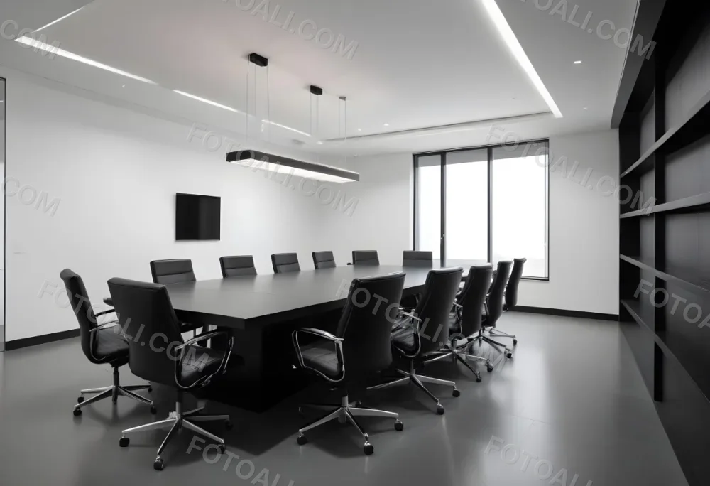 A Modern Minimalist Conference Room With A Large Rectangular Table Surrounded By Black Leather Chairs The Room Has A Sleek Monochrome Design With Recessed Lighting 15 86f2