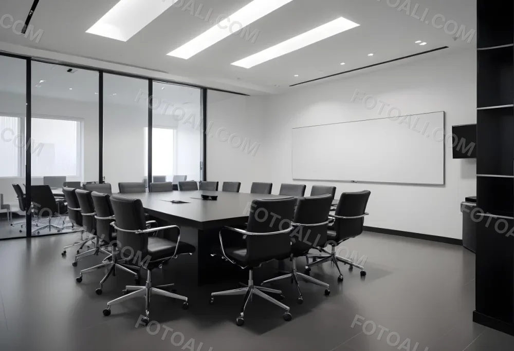 A Modern Minimalist Conference Room With A Large Rectangular Table Surrounded By Black Leather Chairs The Room Has A Sleek Monochrome Design With Recessed Lighting 16 B8fb