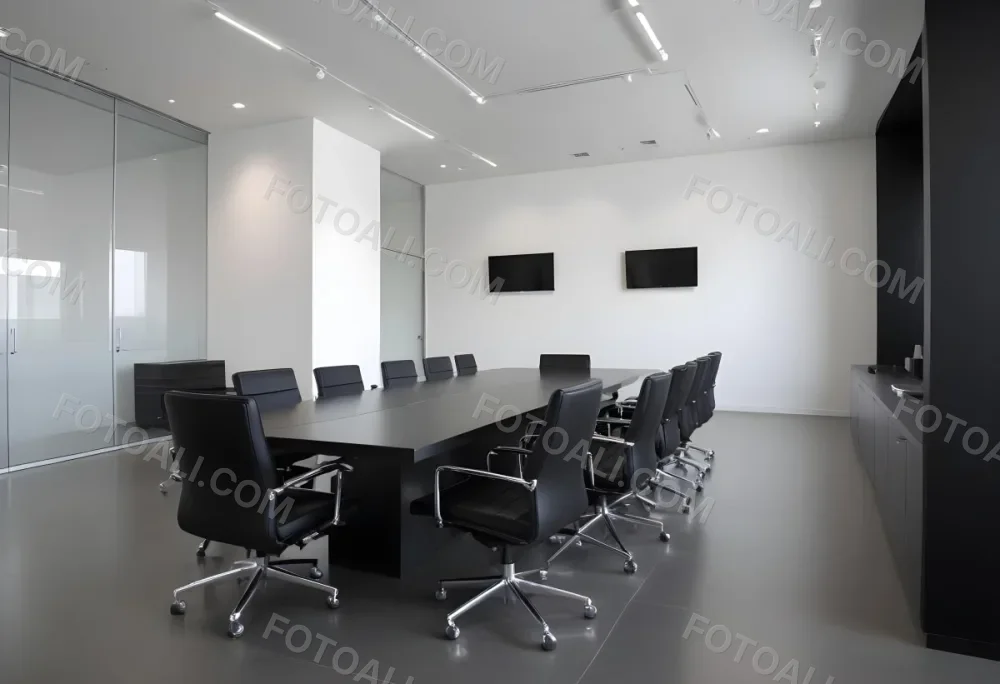 A Modern Minimalist Conference Room With A Large Rectangular Table Surrounded By Black Leather Chairs The Room Has A Sleek Monochrome Design With Recessed Lighting 21 9339