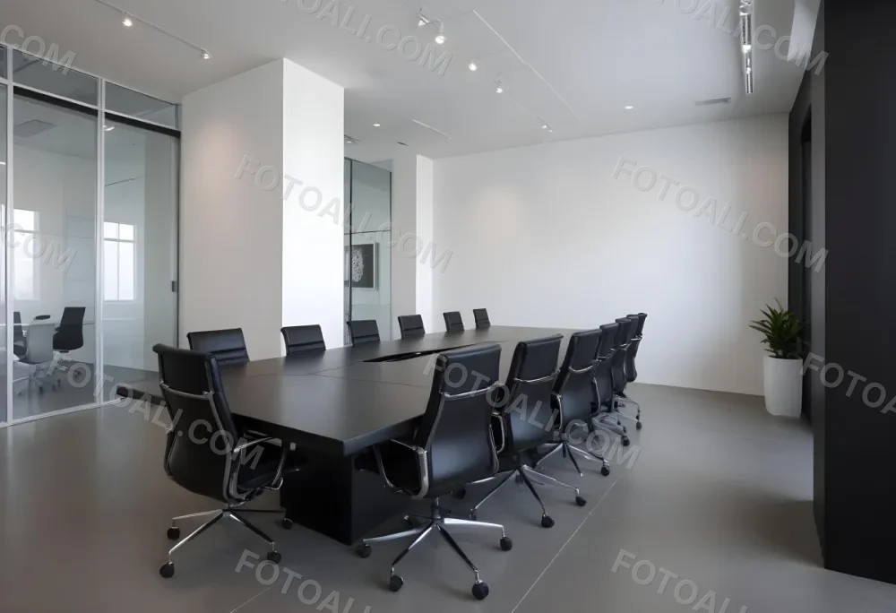 A Modern Minimalist Conference Room With A Large Rectangular Table Surrounded By Black Leather Chairs The Room Has A Sleek Monochrome Design With Recessed Lighting 24 Faa4