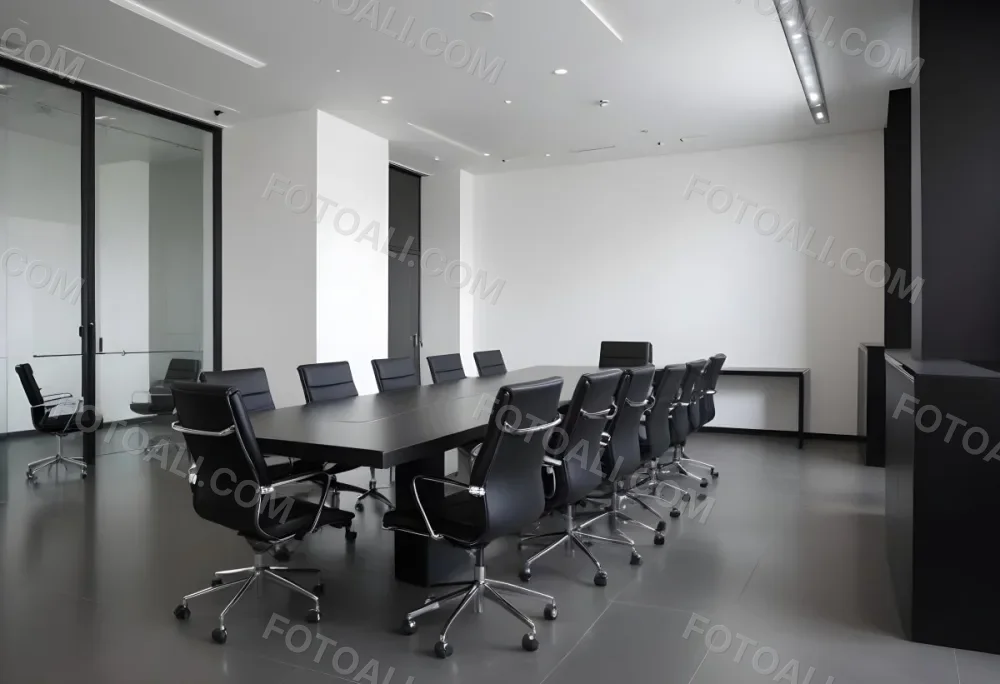 A Modern Minimalist Conference Room With A Large Rectangular Table Surrounded By Black Leather Chairs The Room Has A Sleek Monochrome Design With Recessed Lighting 25 34ed