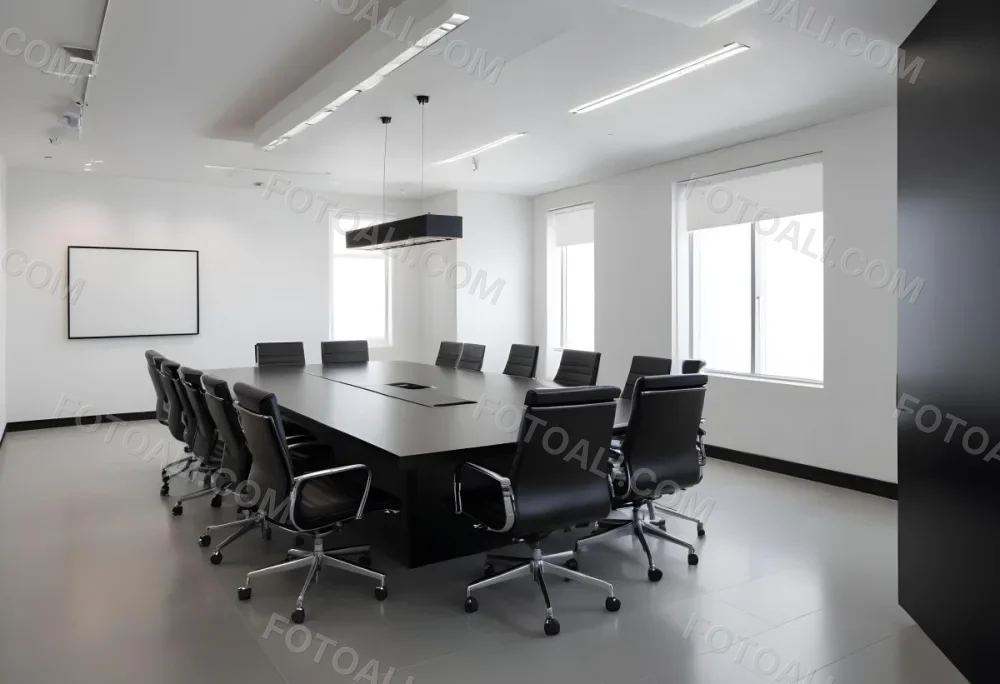 A Modern Minimalist Conference Room With A Large Rectangular Table Surrounded By Black Leather Chairs The Room Has A Sleek Monochrome Design With Recessed Lighting 3 31b7