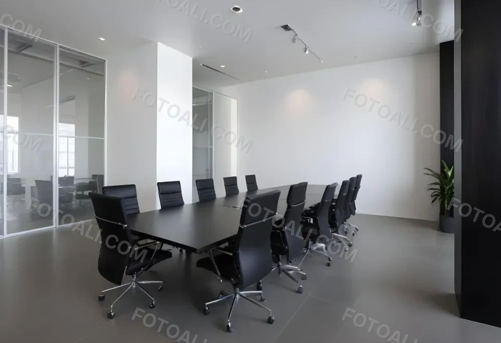 A Modern Minimalist Conference Room With A Large Rectangular Table Surrounded By Black Leather Chairs The Room Has A Sleek Monochrome Design With Recessed Lighting 30 Ce0b