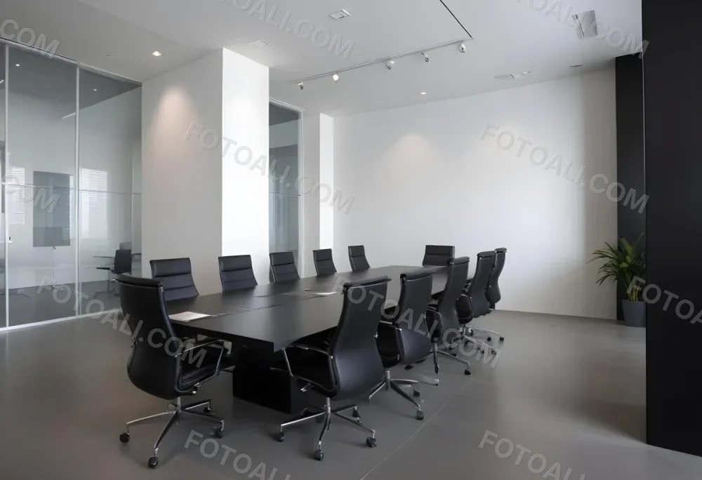 A Modern Minimalist Conference Room With A Large Rectangular Table Surrounded By Black Leather Chairs The Room Has A Sleek Monochrome Design With Recessed Lighting 31 703a