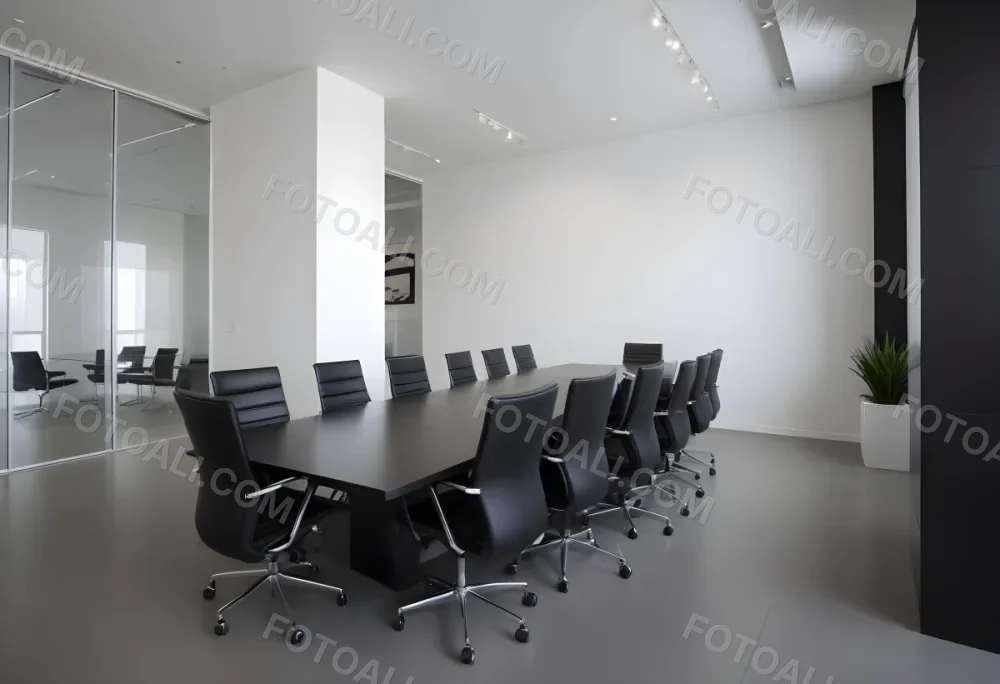 A Modern Minimalist Conference Room With A Large Rectangular Table Surrounded By Black Leather Chairs The Room Has A Sleek Monochrome Design With Recessed Lighting 32 55dd