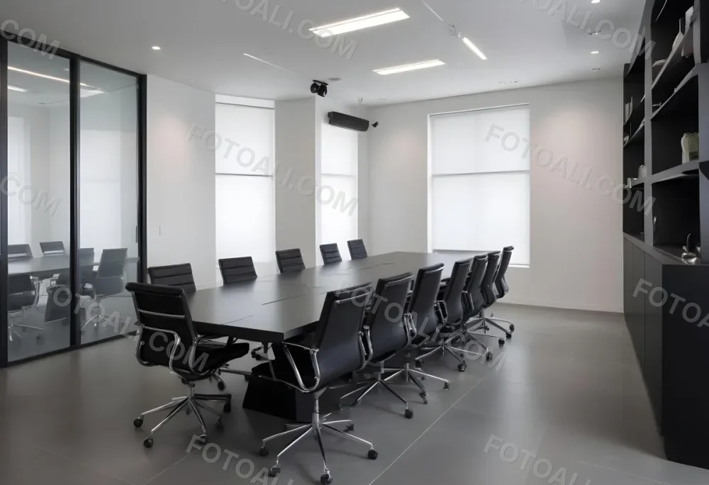 A Modern Minimalist Conference Room With A Large Rectangular Table Surrounded By Black Leather Chairs The Room Has A Sleek Monochrome Design With Recessed Lighting 33 1240