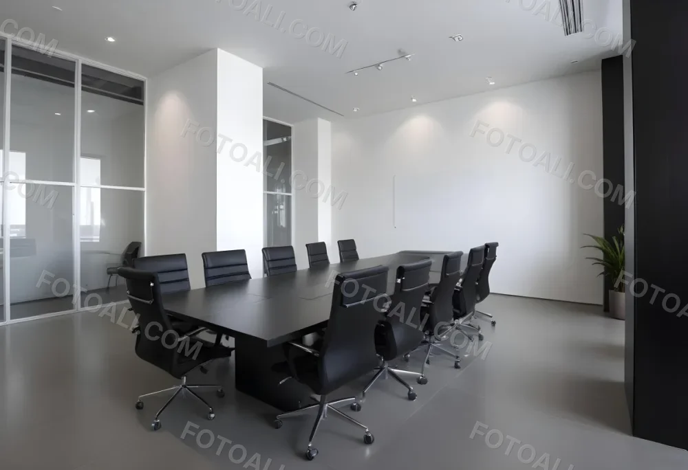 A Modern Minimalist Conference Room With A Large Rectangular Table Surrounded By Black Leather Chairs The Room Has A Sleek Monochrome Design With Recessed Lighting 35 1f70
