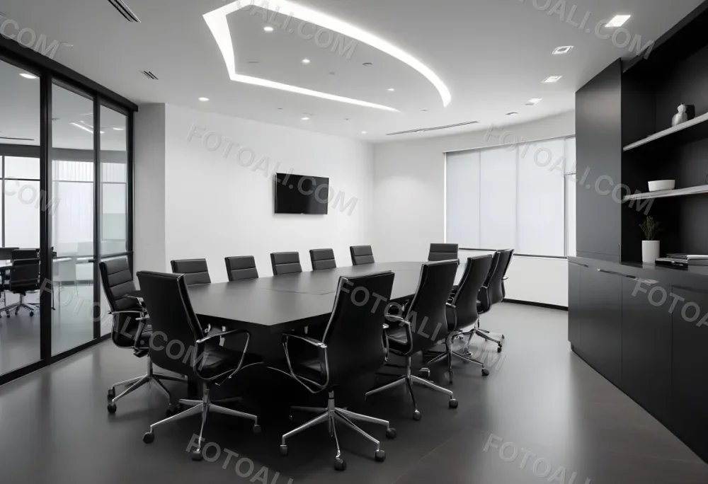 A Modern Minimalist Conference Room With A Large Rectangular Table Surrounded By Black Leather Chairs The Room Has A Sleek Monochrome Design With Recessed Lighting 4 2a3e