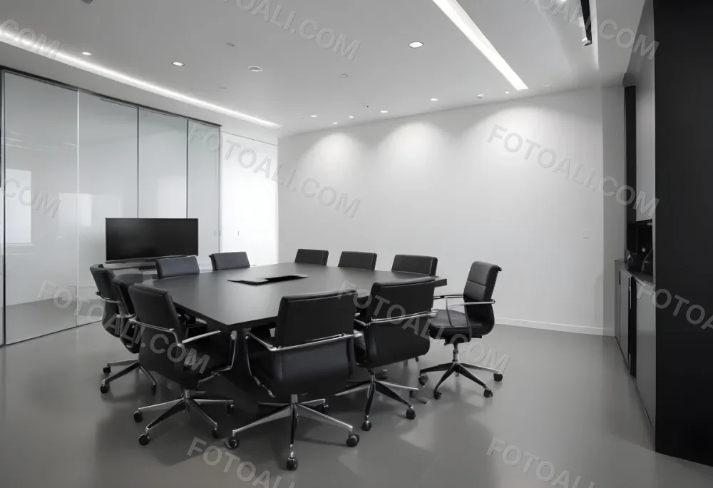 A Modern Minimalist Conference Room With A Large Rectangular Table Surrounded By Black Leather Chairs The Room Has A Sleek Monochrome Design With Recessed Lighting 6 947c