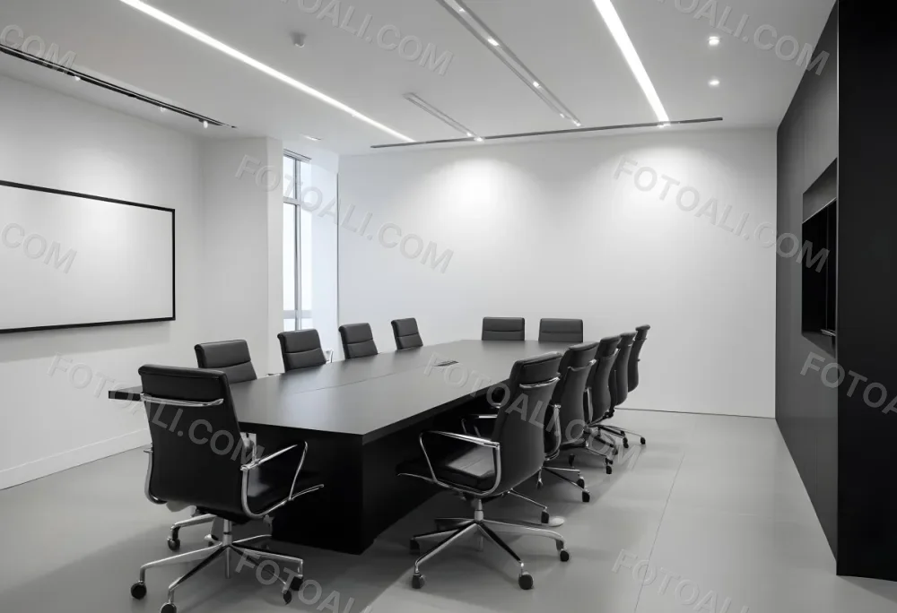 A Modern Minimalist Conference Room With A Large Rectangular Table Surrounded By Black Leather Chairs The Room Has A Sleek Monochrome Design With Recessed Lighting 7 55f7