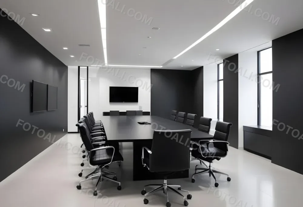 A Modern Minimalist Conference Room With A Large Rectangular Table Surrounded By Black Leather Chairs The Room Has A Sleek Monochrome Design With Recessed Lighting 8 Cad0
