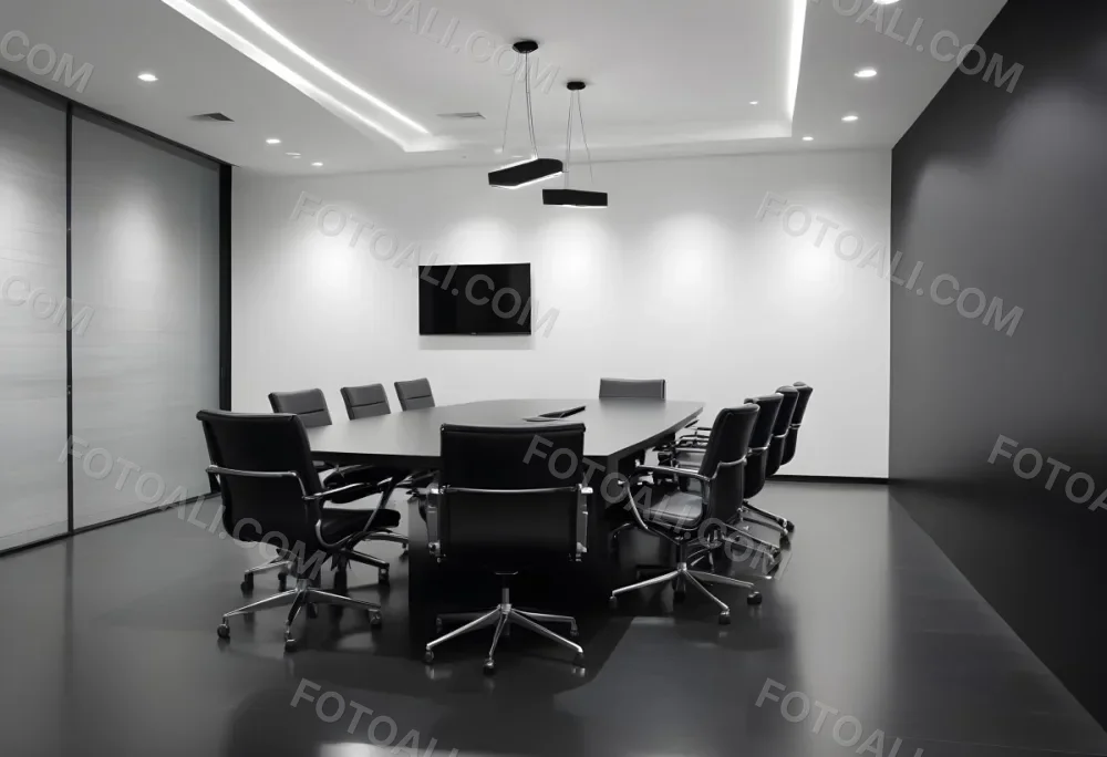 A Modern Minimalist Conference Room With A Large Rectangular Table Surrounded By Black Leather Chairs The Room Has A Sleek Monochrome Design With Recessed Lighting 9 E38e
