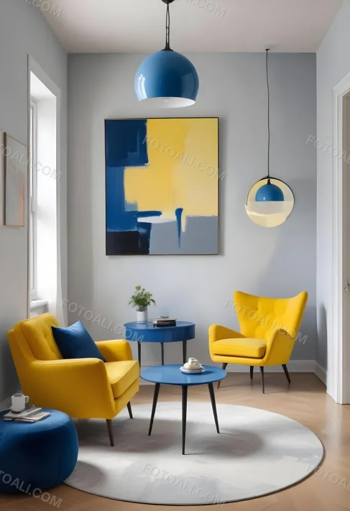 A Modern Minimalist Living Room With A Yellow Armchair A Blue Circular Side Table And A Gray Lamp Hanging From The Ceiling Against A Light Colored Wall 13 8535