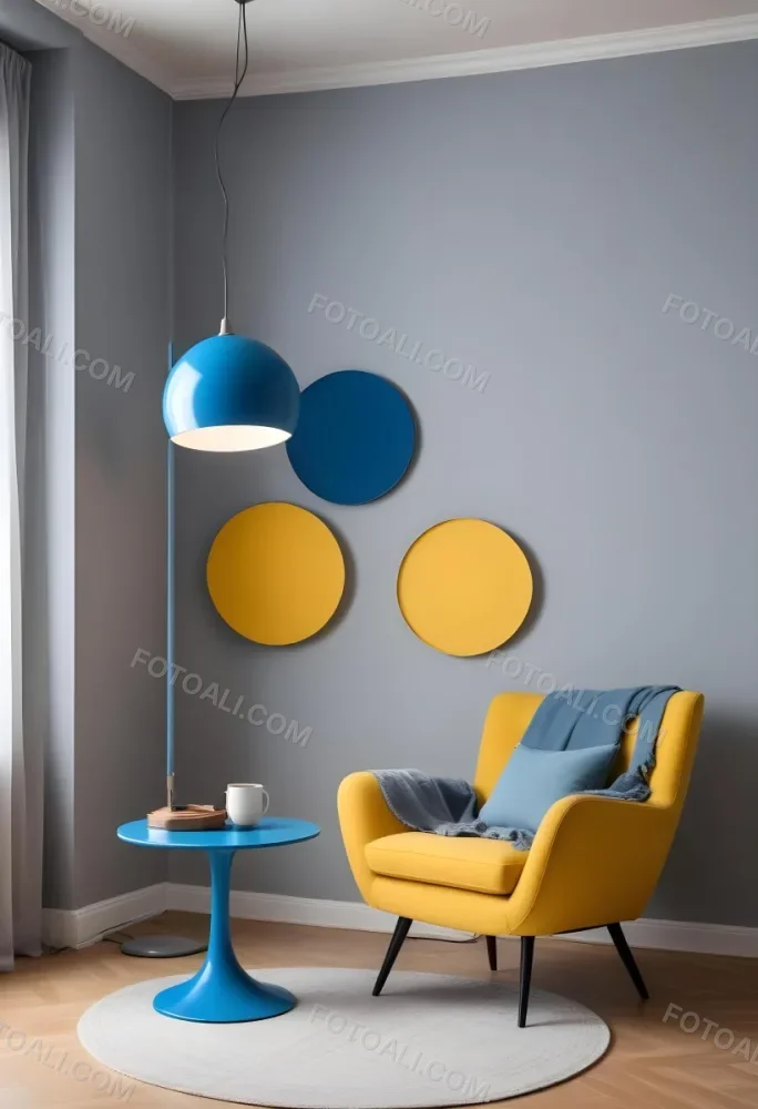 A Modern Minimalist Living Room With A Yellow Armchair A Blue Circular Side Table And A Gray Lamp Hanging From The Ceiling Against A Light Colored Wall 17 5c1b