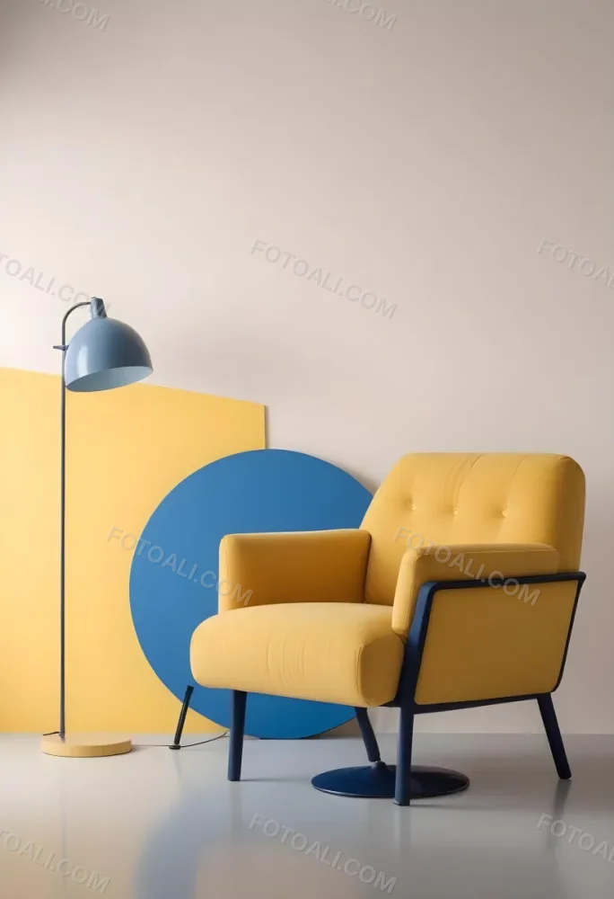 A Modern Minimalist Living Room With A Yellow Armchair A Blue Circular Side Table And A Gray Lamp Hanging From The Ceiling Against A Light Colored Wall 22 2b1f