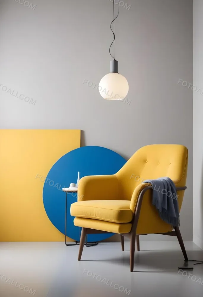 A Modern Minimalist Living Room With A Yellow Armchair A Blue Circular Side Table And A Gray Lamp Hanging From The Ceiling Against A Light Colored Wall 28 Ba31